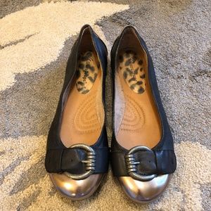 Black and Metallic Slide On Shoes, Size 10